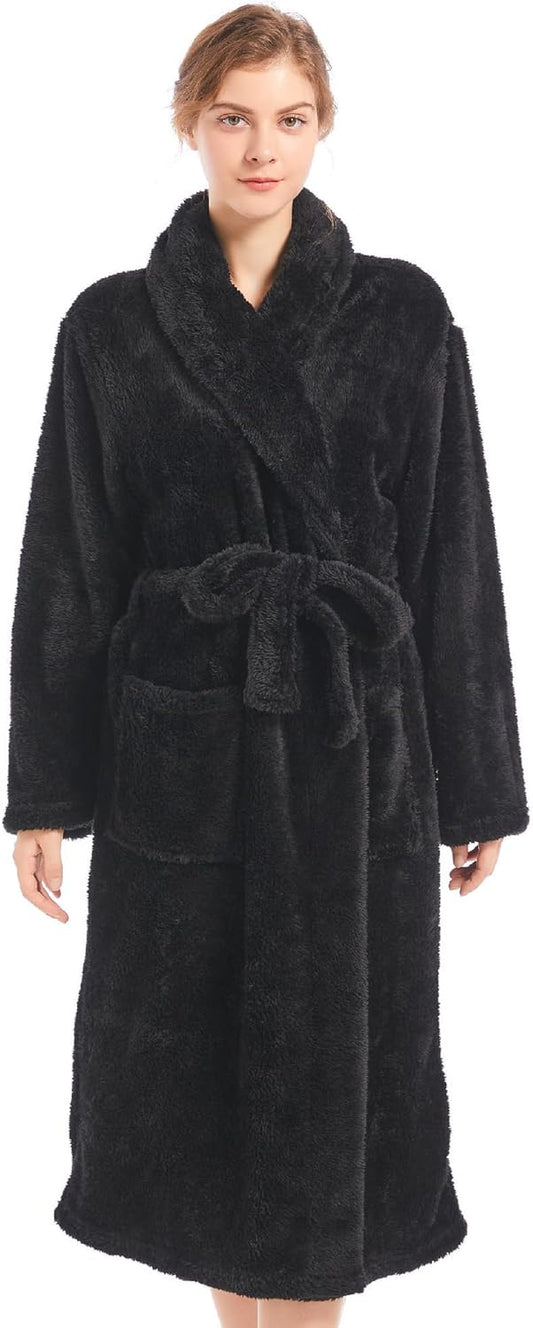 Inner Wish Womens Plush Fleece Robe, Cozy Warm Bathrobe Fuzzy Female Spa Robe With Pockets