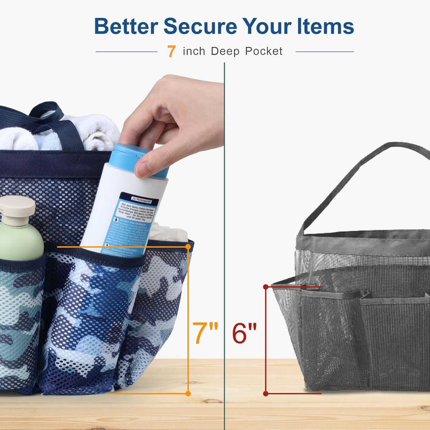 F-color Shower Caddy Portable - Mesh Shower Bag Basket Tote for College Dorm Room Essentials Bathroom Gym Camp Quick Dry for Women Men with S Hook, Dark Blue Camouflage