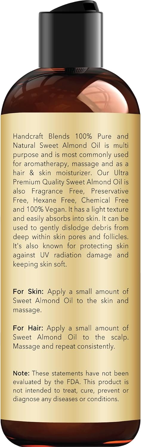 Handcraft Blends Sweet Almond Oil - 8 Fl Oz - 100% Pure and Natural - Premium Grade Carrier Oil for Skin and Hair - Hair and Body - Massage - Hexane-Free