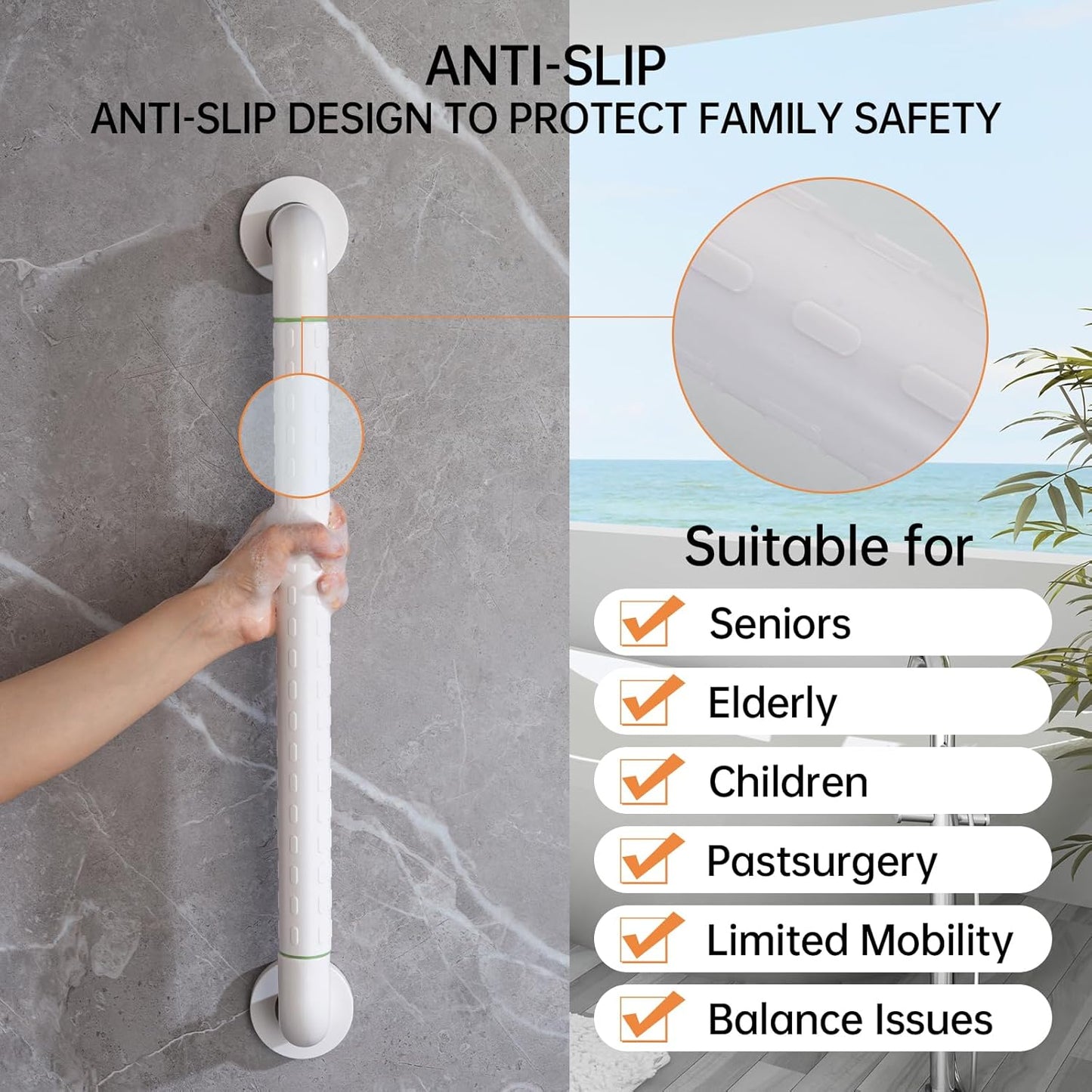 Joyrain 16-inch Bathroom Safety Grab Bar - 500lb Weight Capacity ADA Certified Anti-Slip Handle for Shower/Tub/Toilet, Elderly & Disabled Assist (White（1-Pack）, 16 inches (Overall Length 400mm))