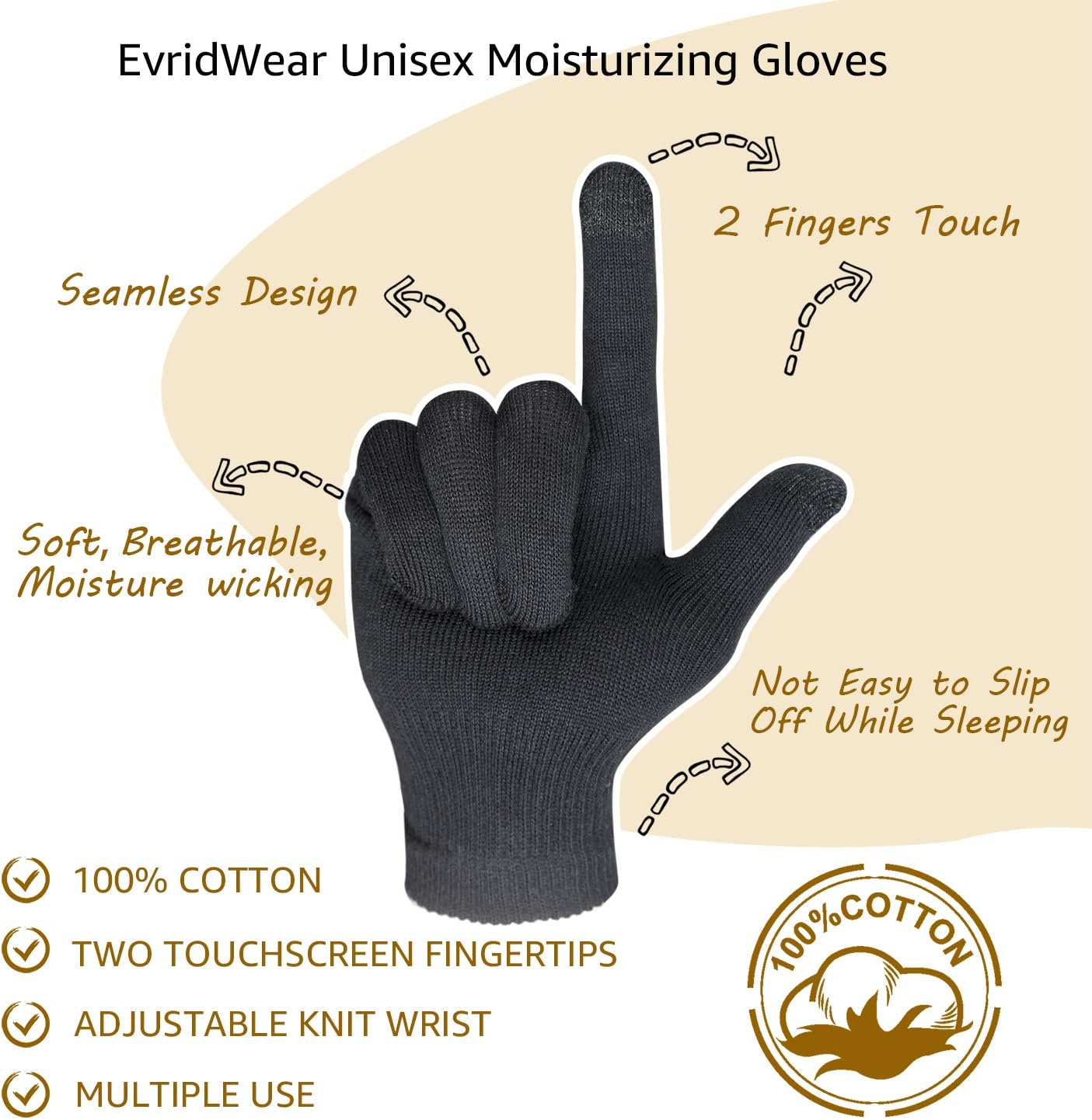 Evridwear Men Moisturizing Cotton Gloves with Touchscreen Fingertips for Eczema Beauty Cosmetic Dry Hands Sensitive Irritated Skin Therapy Overnight Bedtime, 6 Pairs, Lightweight-Black, XS