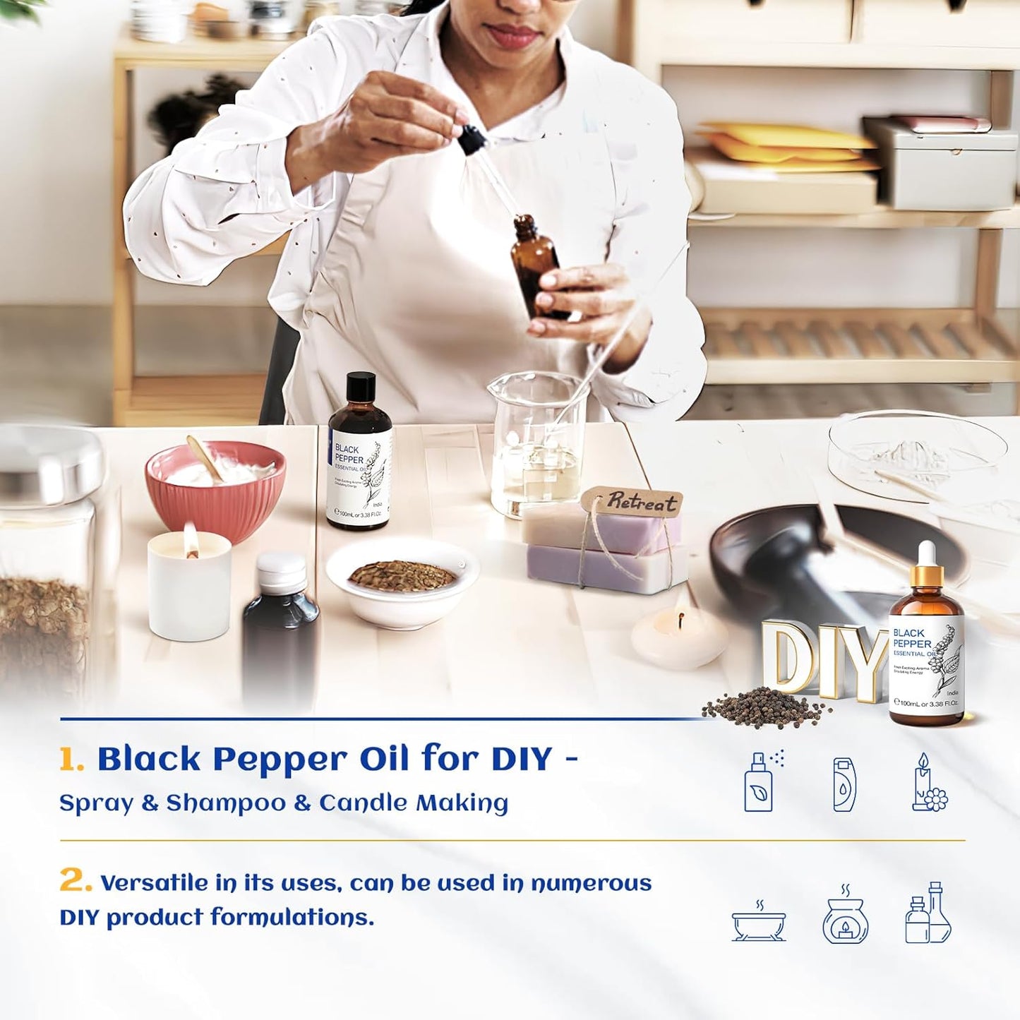 HIQILI Black Pepper Essential Oil for Aromatherapy & Diffuser - Natural Spicy & Warming Scent - Therapeutic Grade - 3.38 Fl Oz