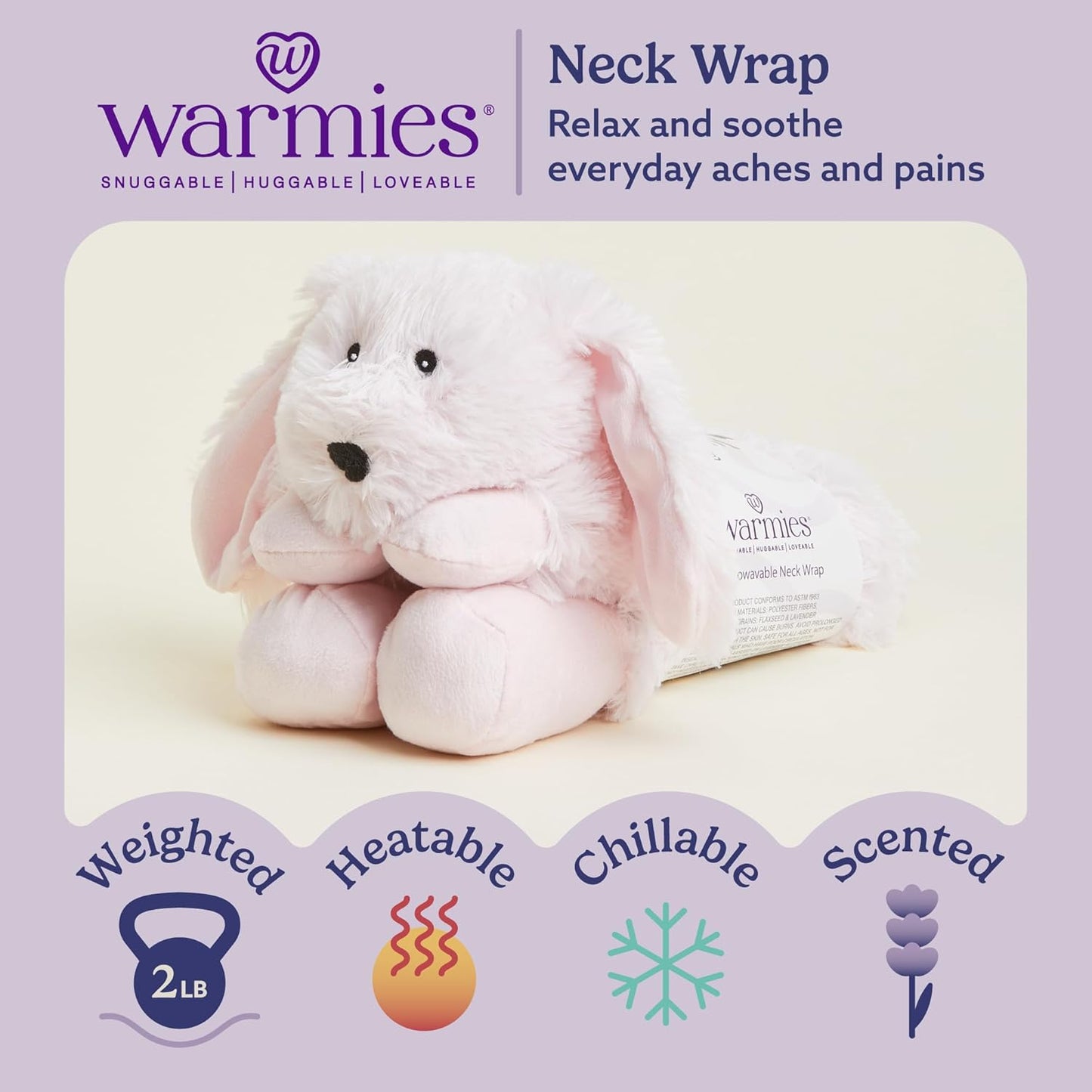 warmies Microwavable Neck & Shoulder Wrap - Heating & Cooling Plush Pad for Calming Relaxation - Weighted & Heated Neck Warmer with Scented Lavender - Microwave Heat Pad for Aches & Pain - Bunny