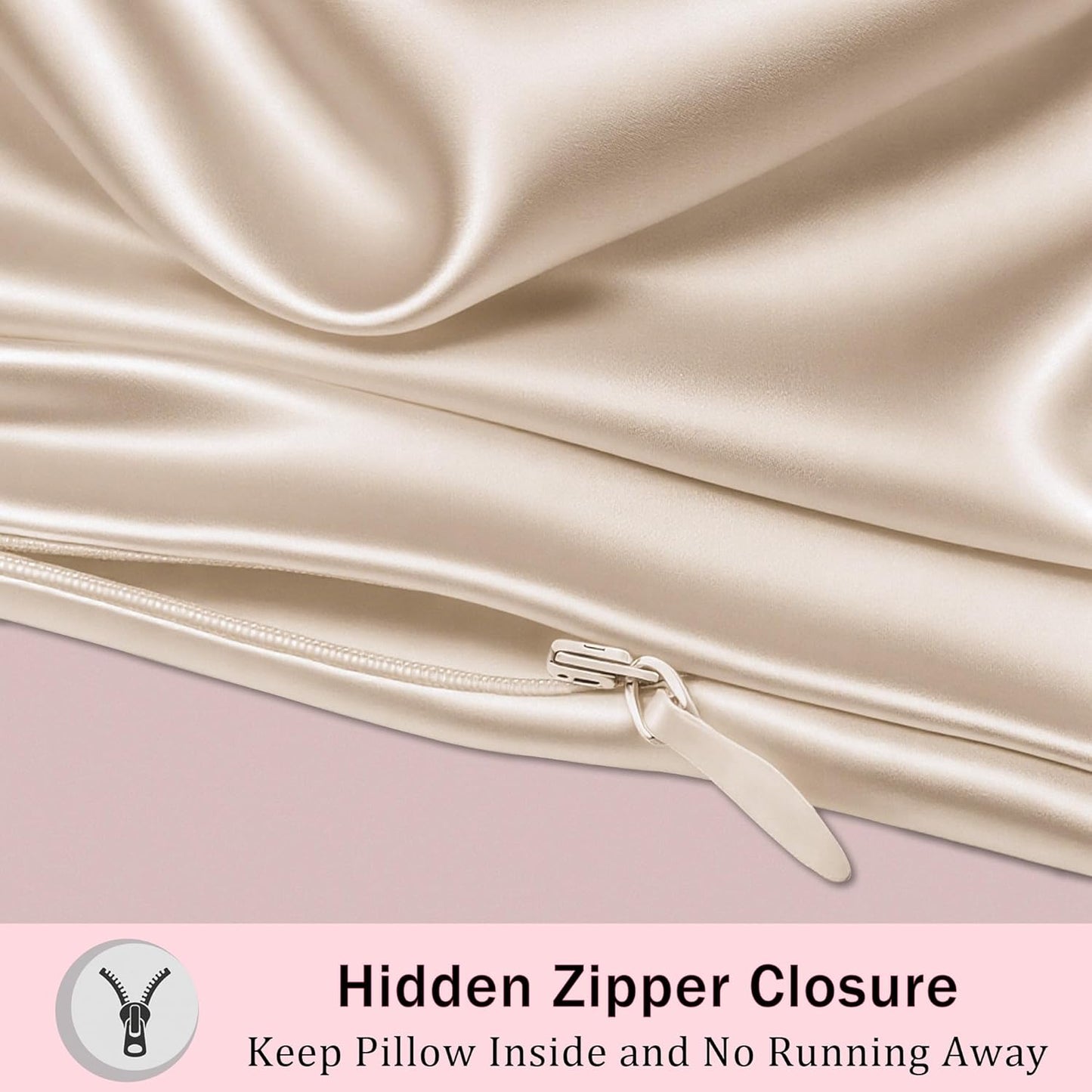 Mulberry Silk Pillow Cases with Zipper, Ultra Smooth Soft Breathable Cooling Pillow Cases for Hot Sleepers, Silk Satin Pillowcase for Hair and Skin, Gifts for Women (Champagne, Queen Size, 1 Pack)