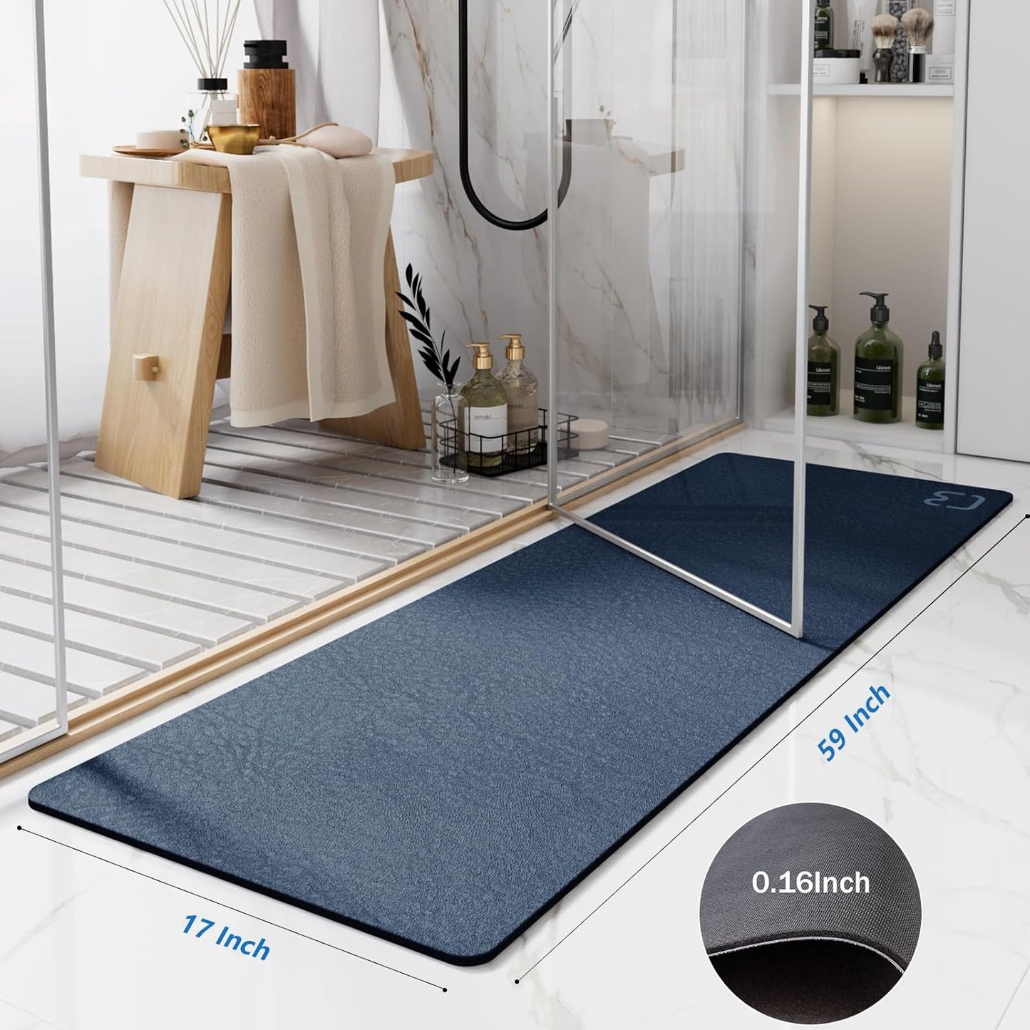 Bath Mat 17" x 59" Extra Long Bathroom Mat Large Fast Dry Super Absorbent Non-Slip Rubber Backed Shower Mat Bath Rugs Mats for Bathroom Floor, Tub, Shower, Sink, Navy Blue