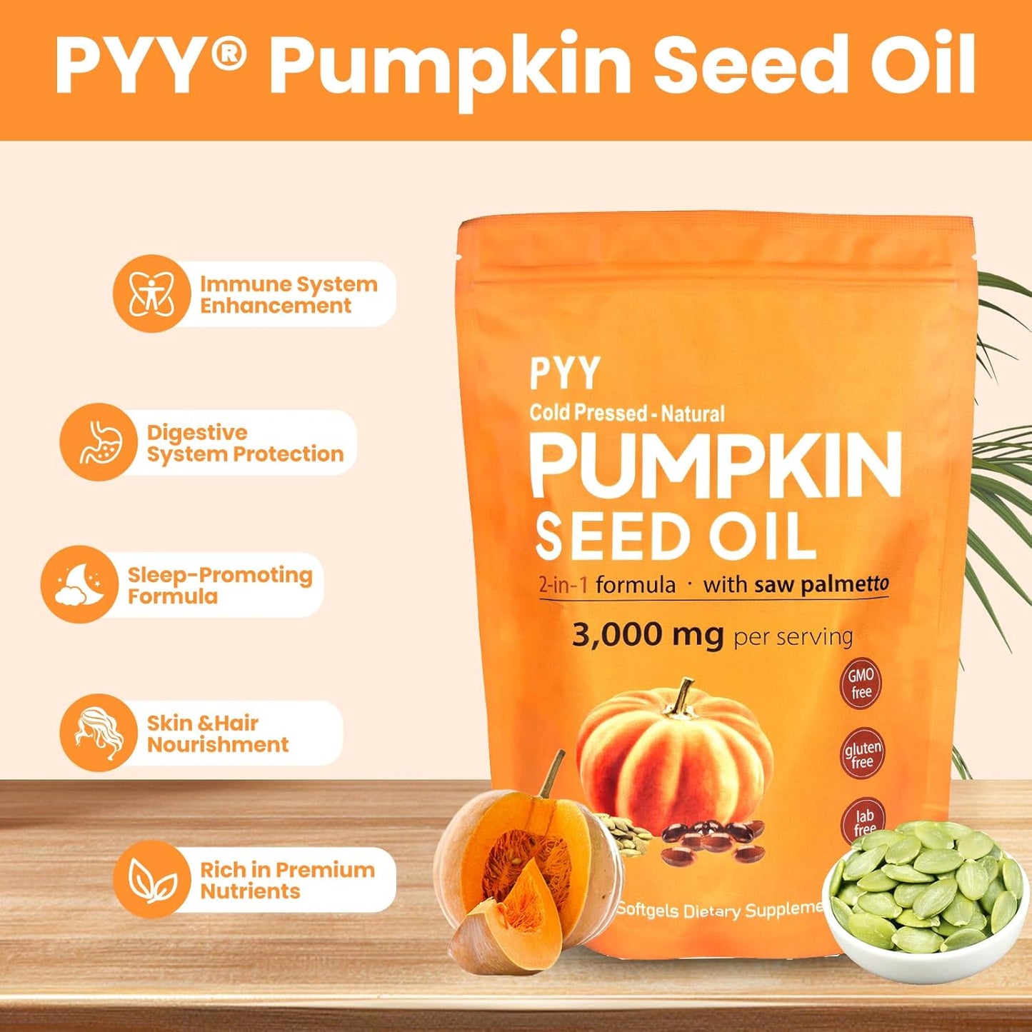 PYY Cold-Pressed Pumpkin Seed Oil & Saw Palmetto Softgels | 300 Count | Rich in Essential Fatty Acids & Phytosterols | Promotes Healthy Hair, Urinary Function, Bladder & Prostate Support