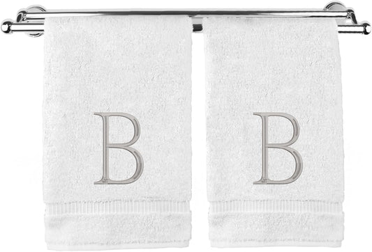 Monogrammed Hand Towel, Personalized Initial Gift, Extra Absorbent 100% Turkish Cotton - Soft Terry Finish - Set of 2 - Silver Block Initial B - Embroidered on White Towels