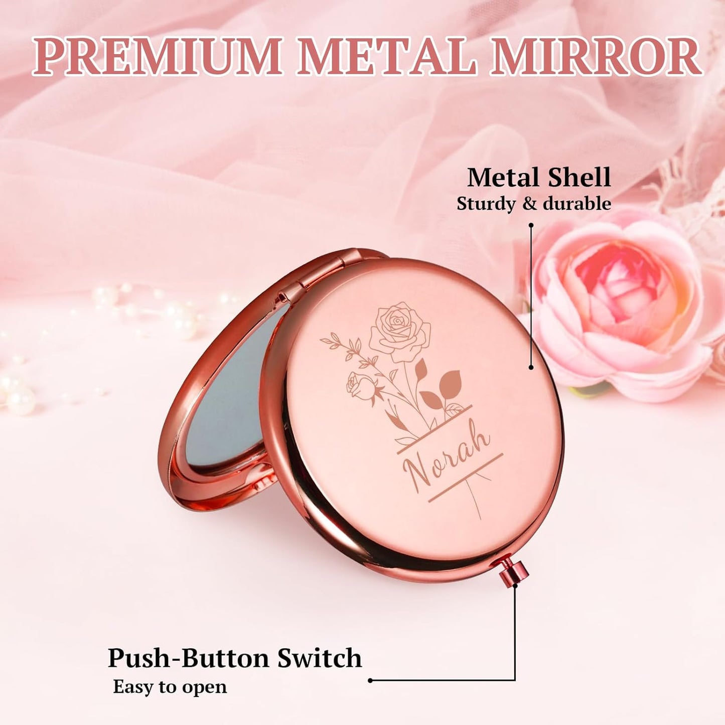 Personalized Compact Mirror, Custom Engraved Birth Flower & Name Pocket Mirror for Women, Double-Sided 1X/2X Magnifying Metal Pocket Makeup Mirrors, Small Travel Mirrors, Birthday