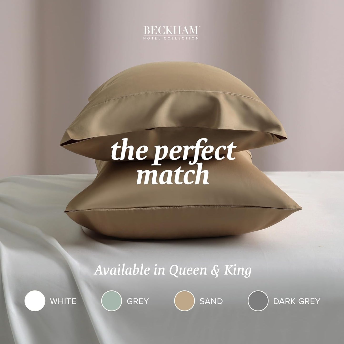 Beckham Hotel Collection Bed Pillowcases King Size Set of 2, 500TC 100% Cotton, Luxury Sateen Bedding, Open End, Breathable, Moisture-Wicking, Sand