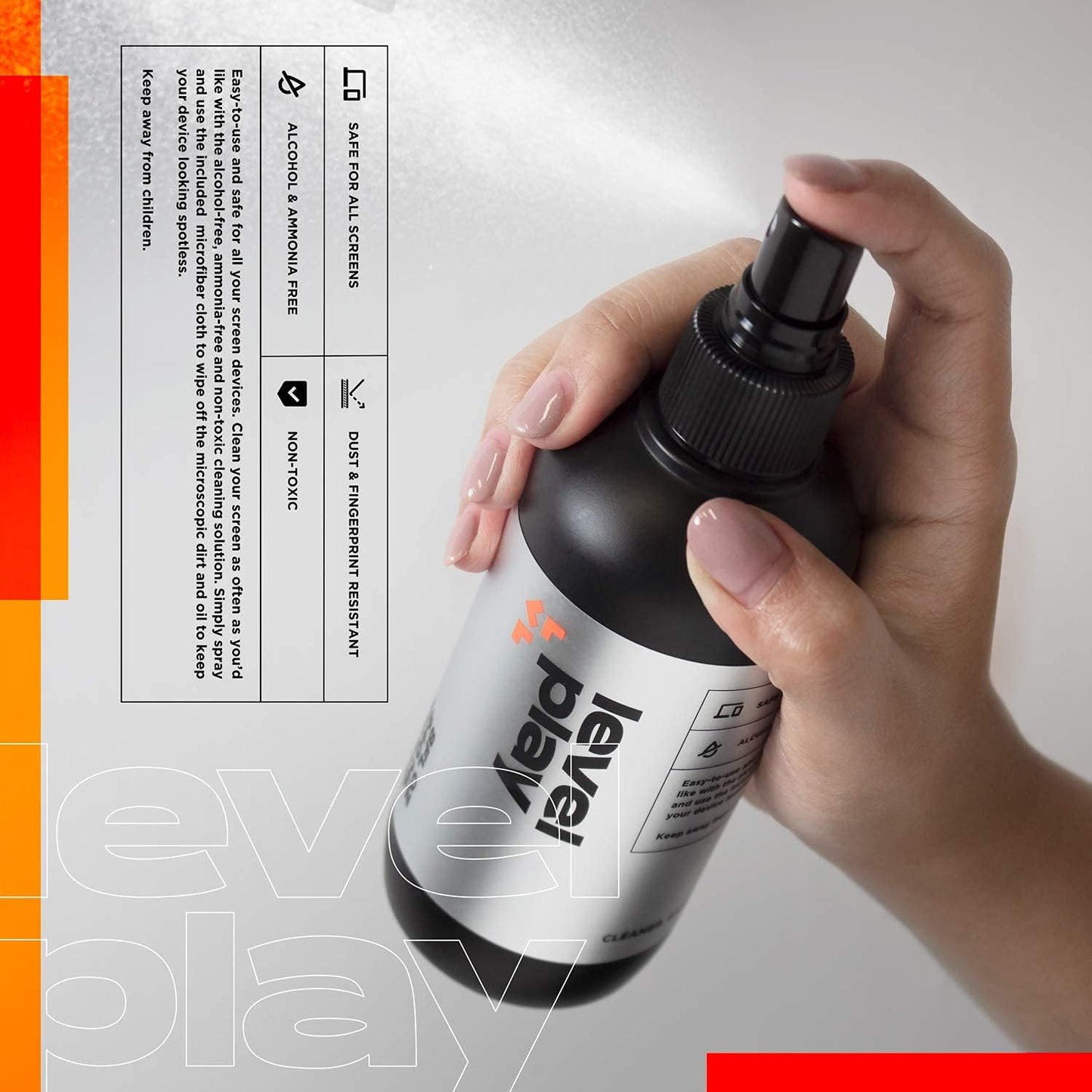 Levelplay Screen Cleaner Kit – Fingerprint-Resistant Touchscreen, Monitor & Lens Cleaner, Alcohol- and Ammonia-Free, Washable Microfiber Wipe (Large), 240 mL (8.1 fl oz) Spray Bottle