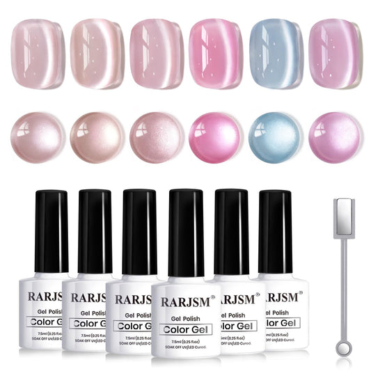 RARJSM Glassy Cat Eye Gel Nail Polish Set 6Pcs Nude Rose Purple Pink Blue Velvet Ice Jelly Silver Shimmer Ceramic Bubble Diamond Cateye Gelpolish with Magnetic Stick Curing Require Home Salon