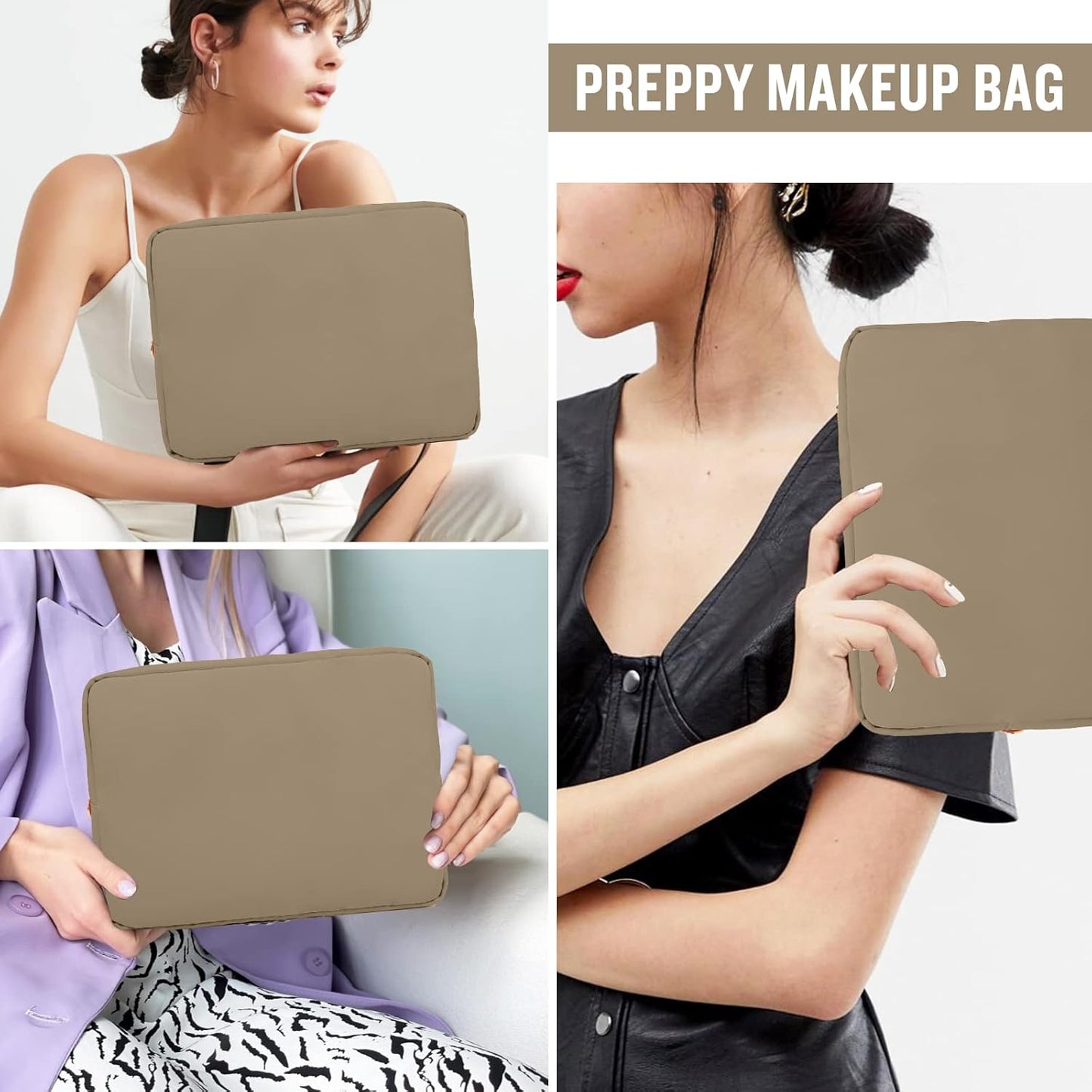 Nylon Large Makeup Bag Travel Pouch for Women, Preppy Big Makeup Bag Cute Cosmetic Zipper Pouch Purse, DIY Chenille Letter Bag Waterproof Toiletry Bag Clutch Make Up Organizer for Women Girls(Khaki)