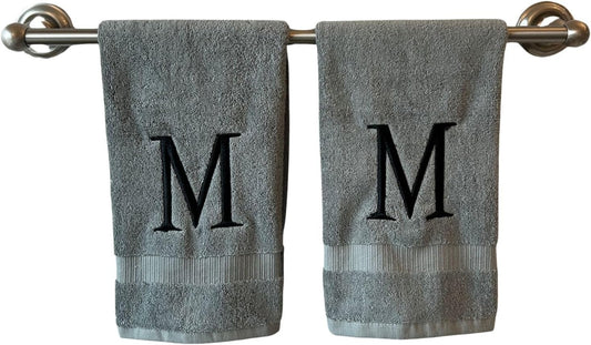 Gray Initial Hand Towel for Bathroom - Monogrammed Luxury Hotel Quality Decorative Embroidered Towel for Powder Room, Spa - GOTS Organic Certified - Set of 2 Black Letter M