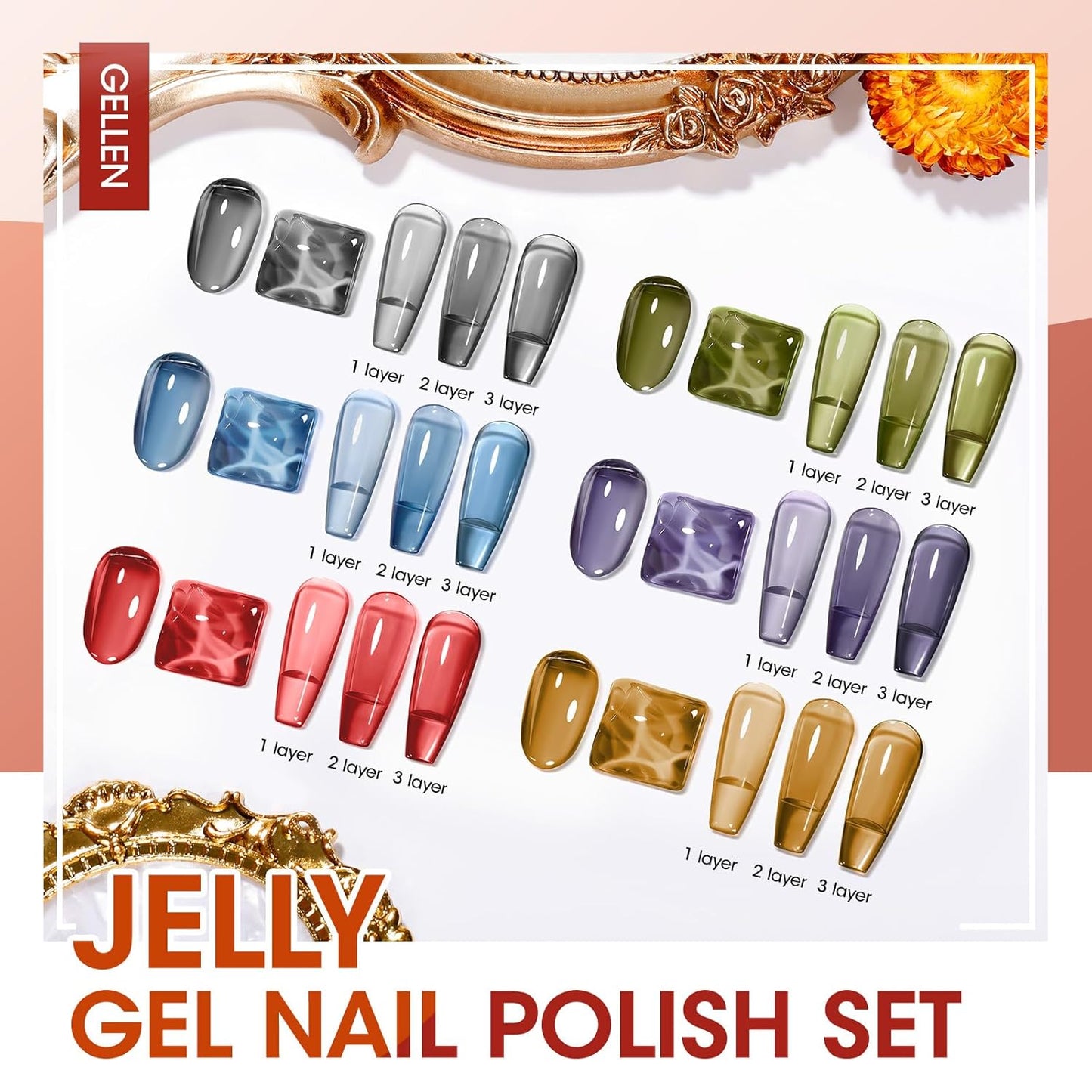 GELLEN Jelly Gel Nail Polish, Sheer Glass Neon Gel Polish Set 6 Colors Purple Blue Red Gray Brown Green, No Wipe Soak Off Glossy UV Light for Women Girls Spring Summer Fall Winter Christmas