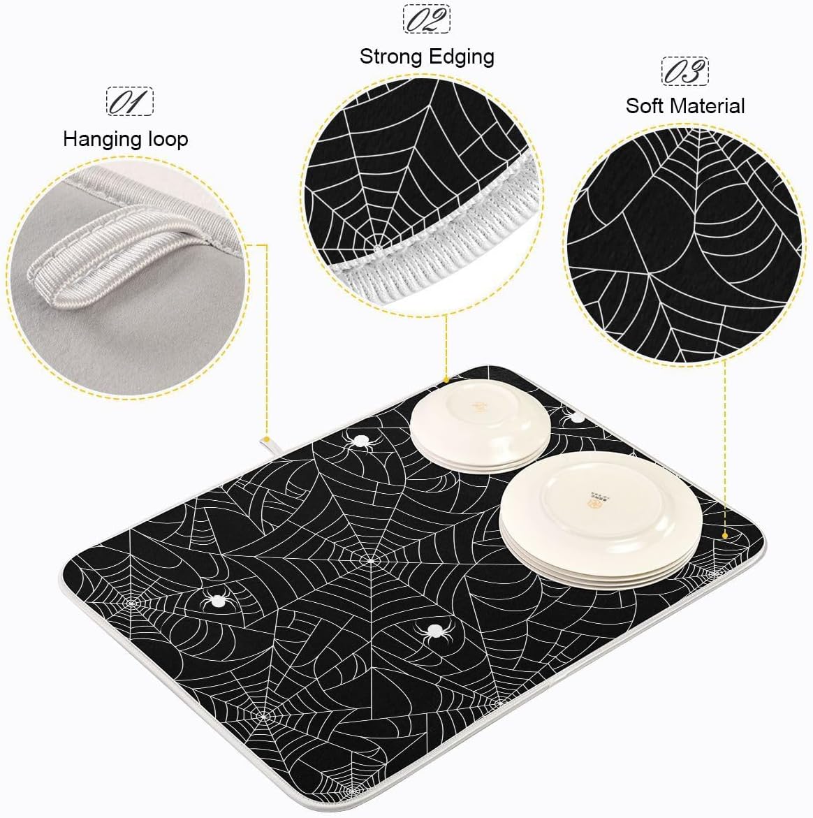 Halloween Spooky Spider Web Dish Drying Mat for Kitchen Happy Halloween Creepy Decoration Microfiber Drying Mats Absorbent Reversible Dish Pad Medium Dish Draining Mat 16x18 inch