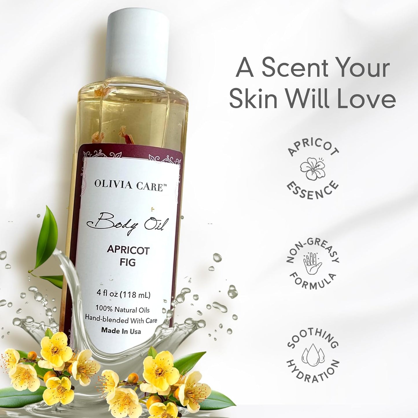 Olivia Care Body Oil Apricot Fig Vegan & Natural Moisturizing - Infused with VITAMIN E, K & Omega Fatty Acids - Refreshing Fragrance - Reduce Dry Skin, Anti-Aging Properties (Apricot Fig)