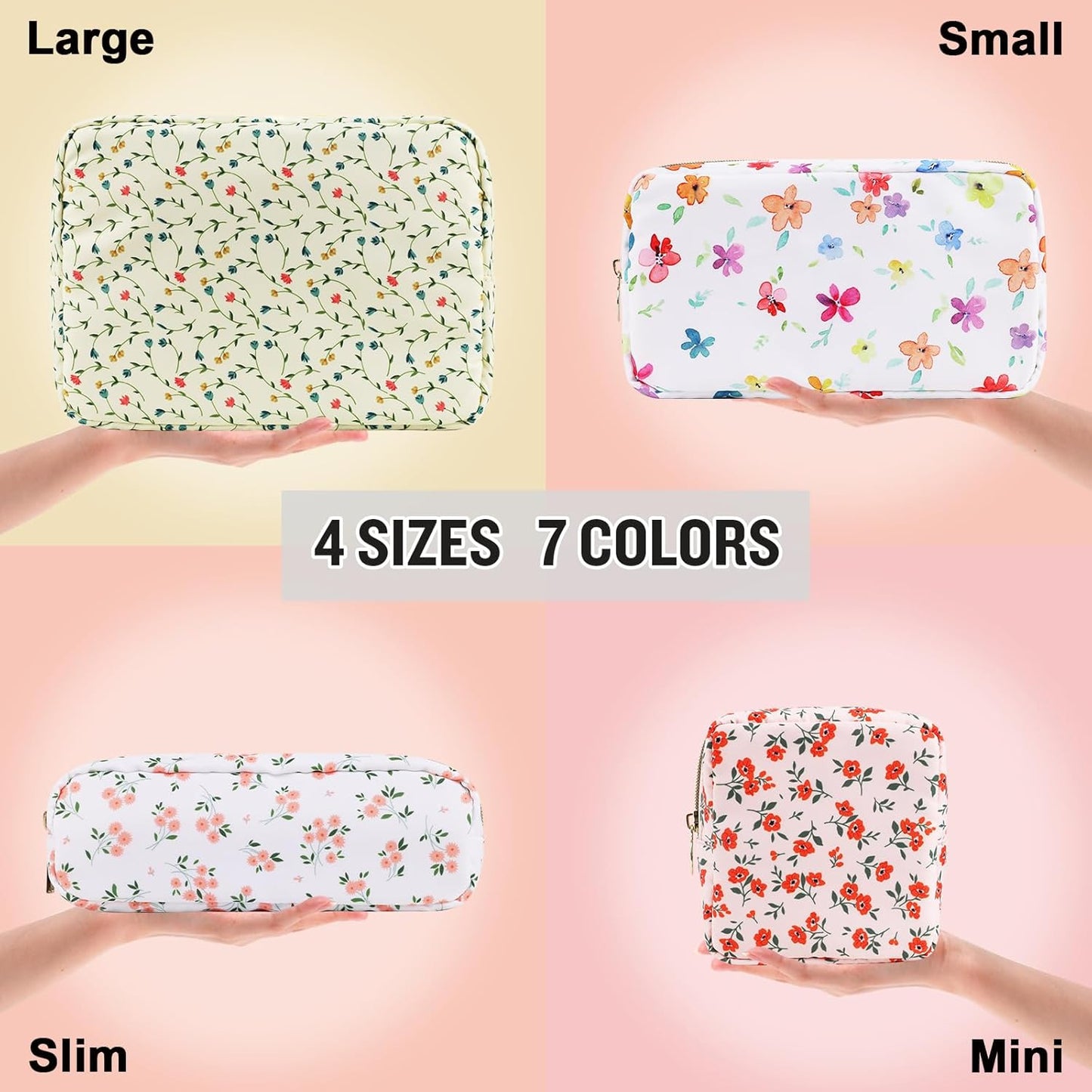 Nylon Small Floral Makeup Bag for Purse, Cute Preppy Makeup Bag Cosmetic Zipper Pouch Purse, Waterproof Portable Travel Toiletry Makeup Brush Bag Organizer Storage for Women Girls(Light Yellow-Flower)