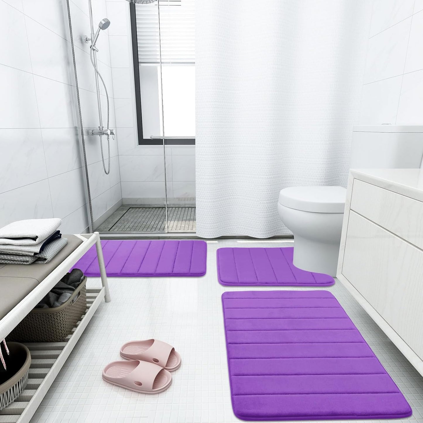 Buganda Memory Foam Bath Mat, 47" x 17", Ultra Soft and Non-Slip Bathroom Rugs, Water Absorbent and Machine Washable Bath Rug Runner for Bathroom, Shower, and Tub, Purple