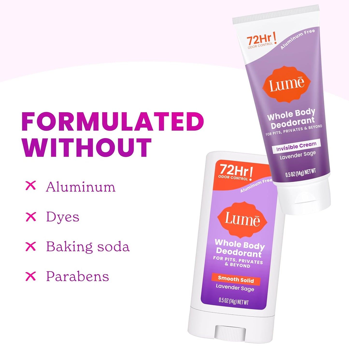 Lume Whole Body Deodorant - Invisible Cream + Solid Stick Mini Bundle - 72 Hour Odor Control - Aluminum & Baking Soda Free, Skin Loving - 0.5 Ounce Each - Travel, Trial Size Minis (Lavender Sage)