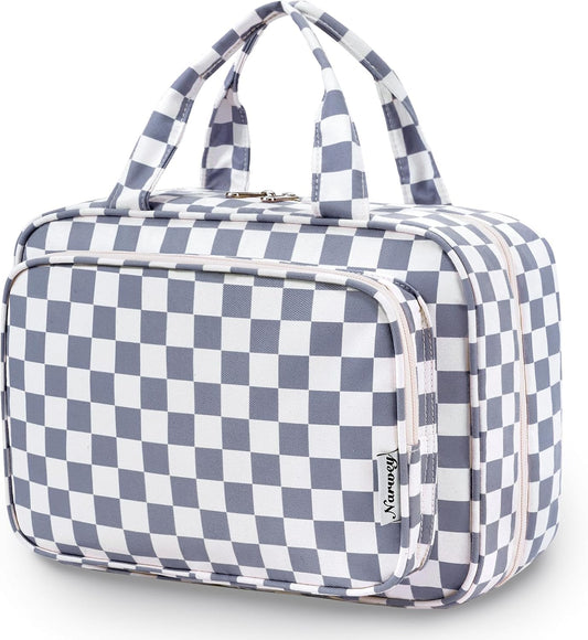 Narwey Travel Toiletry Bag for Women Large Hanging Makeup Bag Organizer Toiletries Bag for Full Size Essentials Accessories Cosmetics (Grayish Blue Checkerboard (Large))
