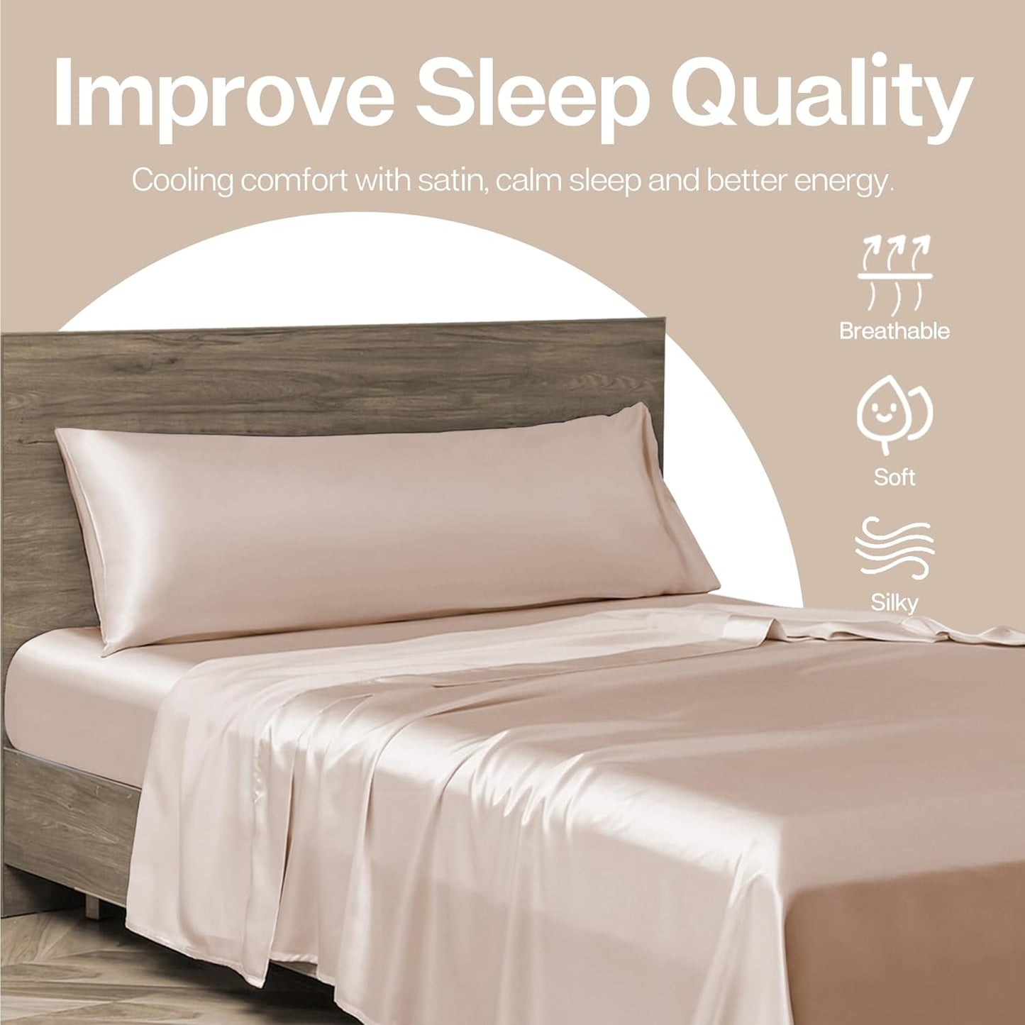 MR&HM Satin Body Pillow Cover, Soft and Breathable Body Pillow Case with Envelope Closure, Cooling and Silky Long Pillowcase for Hair and Skin,Grey (20x54, Champagne)