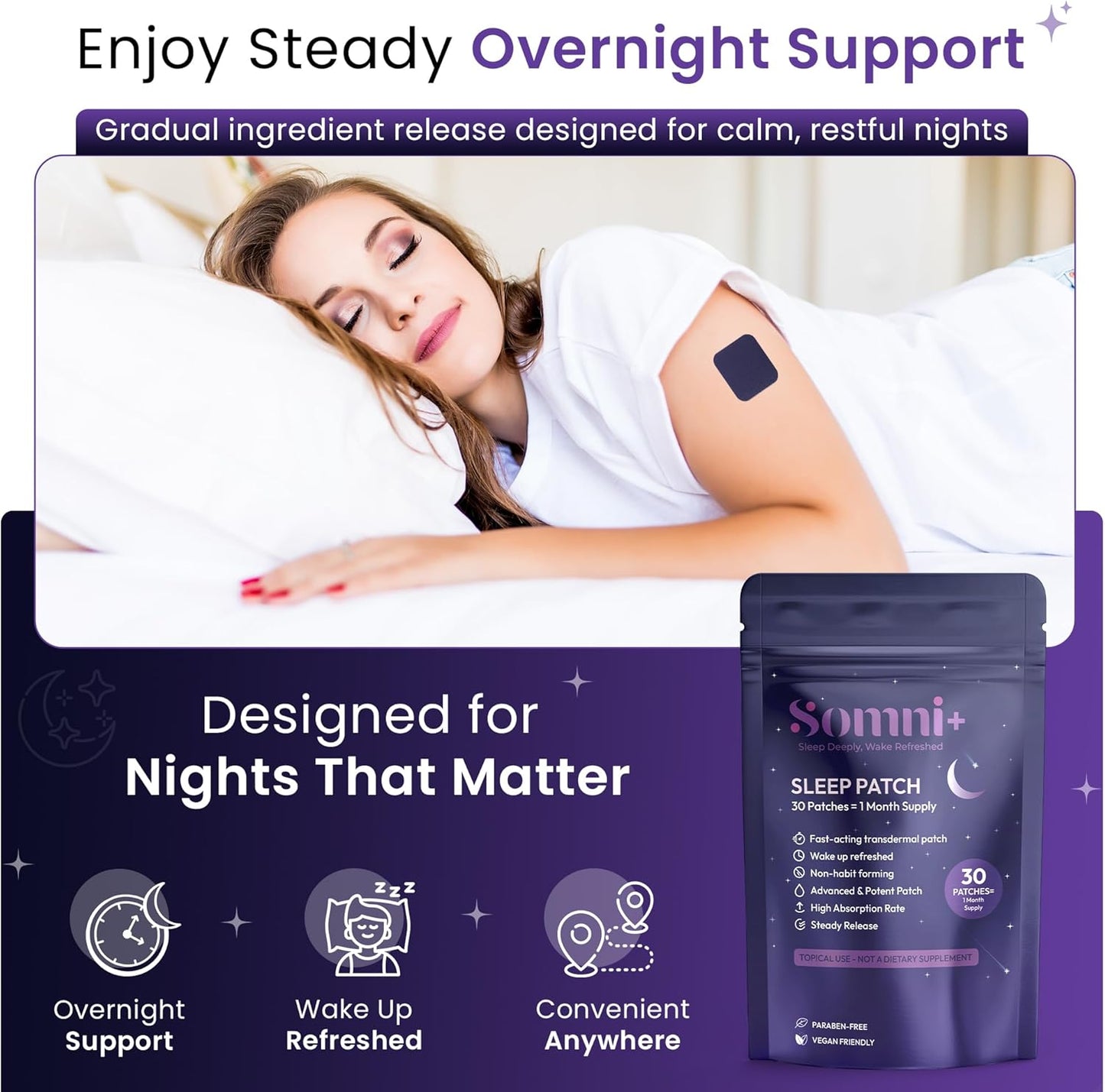 Somni+ Sleep Patches for Adults | Extra Strength Melatonin Sleep Patch | Natural, Drug-Free, Non-Habit Forming | Supports Restful Sleep | Long Lasting Effect | Wake Up Refreshed | 30 Sleep Patches