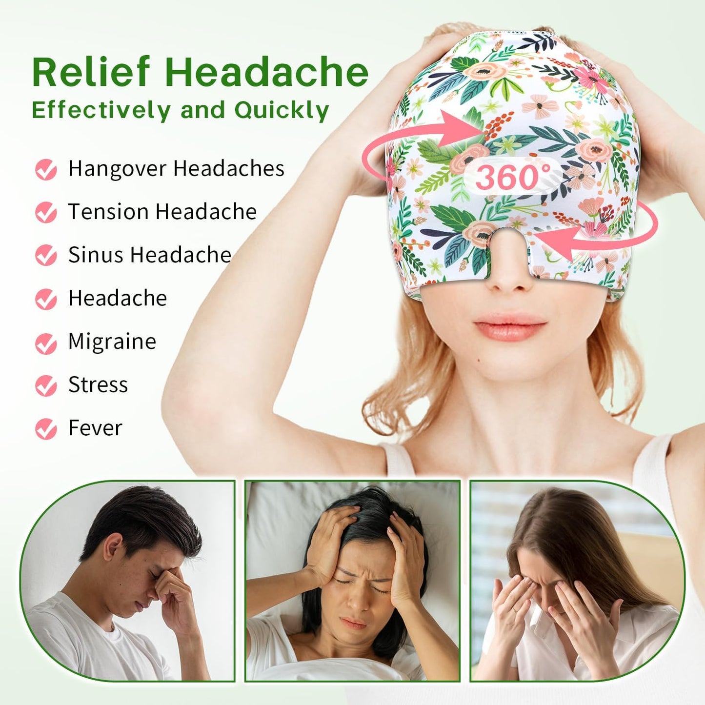 ZNÖCUETÖD Migraine Headache Relief Cap Hat, Head ice Pack Wrap Cooling Gel Ice Beanie Cold Cap Hot/Cold Compress Therapy for Sinus, Stress, Tension, Head Pain Relief - Reusable Men & Women (White)