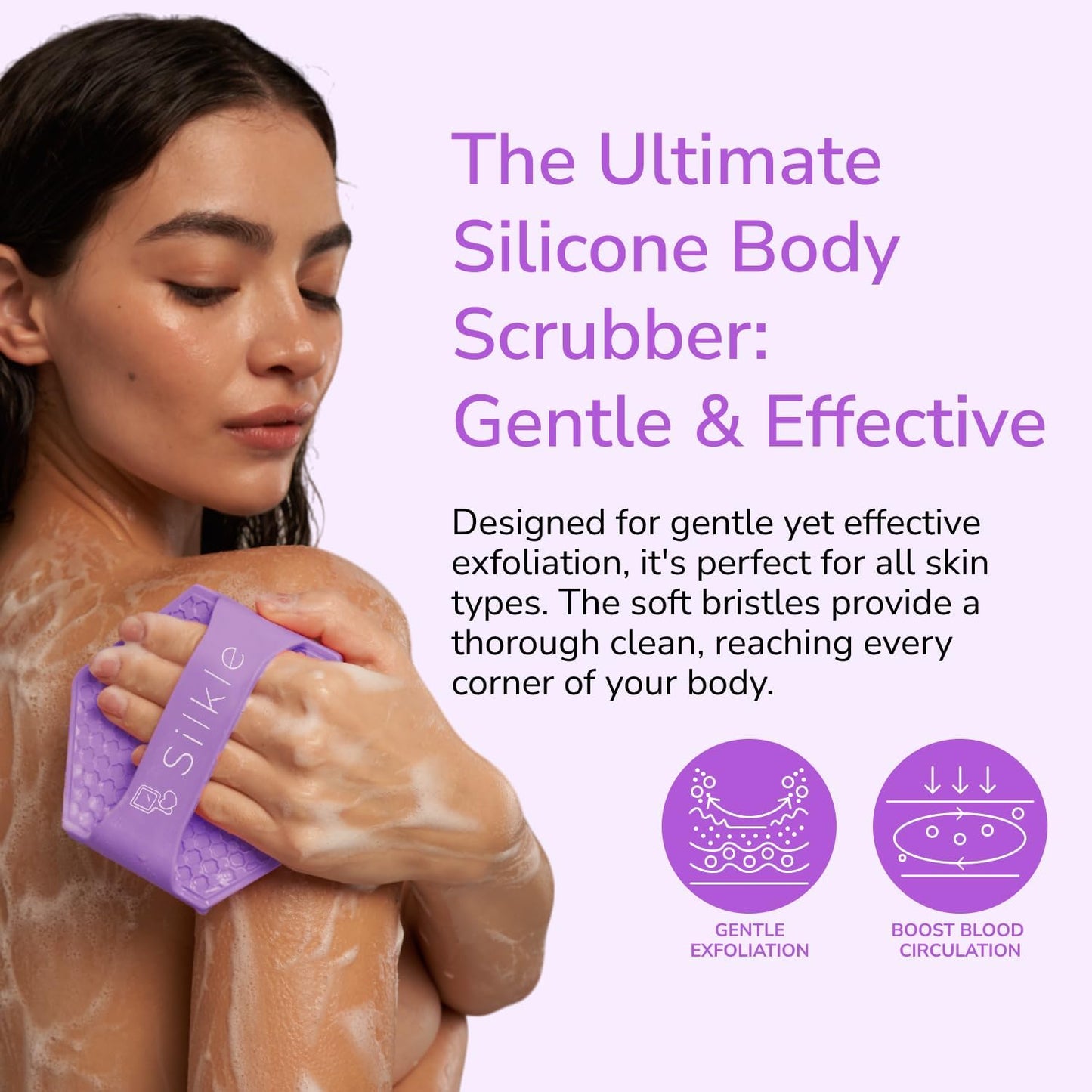 Silicone Body Scrubber - Exfoliating Bath Brush and Skin Cleanser - Shower Sponge for Gentle Body Scrub and Wash - Silicone Scrubbing Care Tool for a Refreshed and Renewed You - Purple