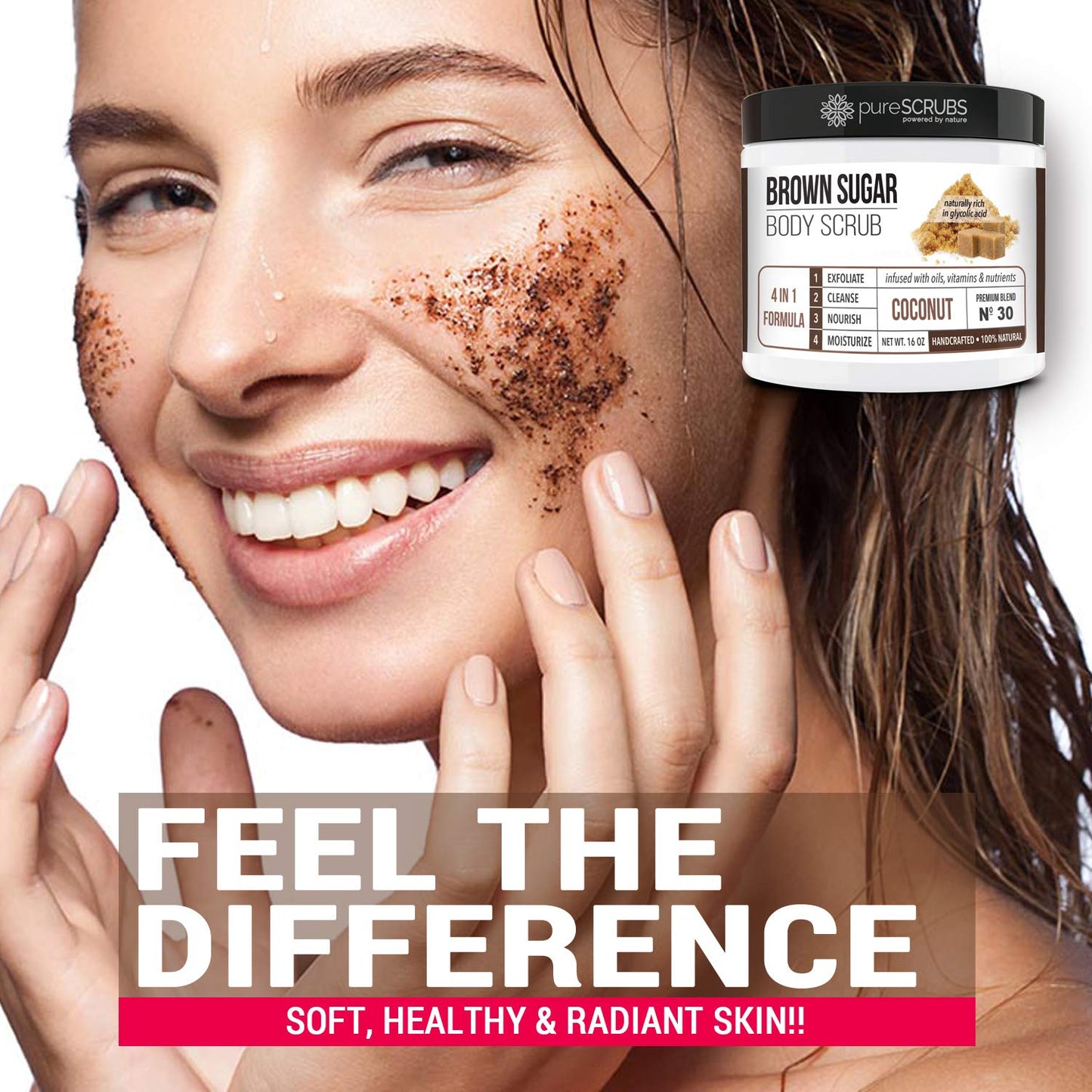 pureSCRUBS Premium Coconut Brown Sugar Scrub | Face, Feet & Full Body Scrub | Large 16oz Jar Includes Wooden Spoon, Loofah & Mini Exfoliating Bar Soap