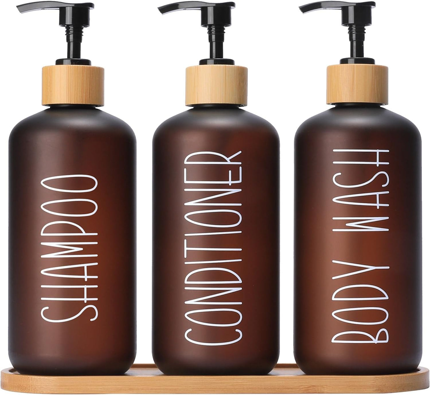 MOMEEMO Amber Shower Dispenser Set, Contains 3 Extra-Thick PET Plastic Bottles with Bamboo Pumps, Shampoo and Conditioner Dispenser for Shower Perfect for Modern Bathroom Decor. (Amber)