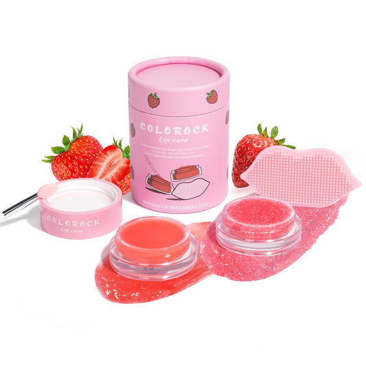 Strawberry Sugar Lip Scrub & Lip Sleeping Mask Set Natural Lip Treatment Duo - 4 IN 1 Gift Set For Exfoliate,Nourish Soothe & Hydrate Dry and Flaky Lips-Natural Overnight Lip Care for Soft,Smooth Lips