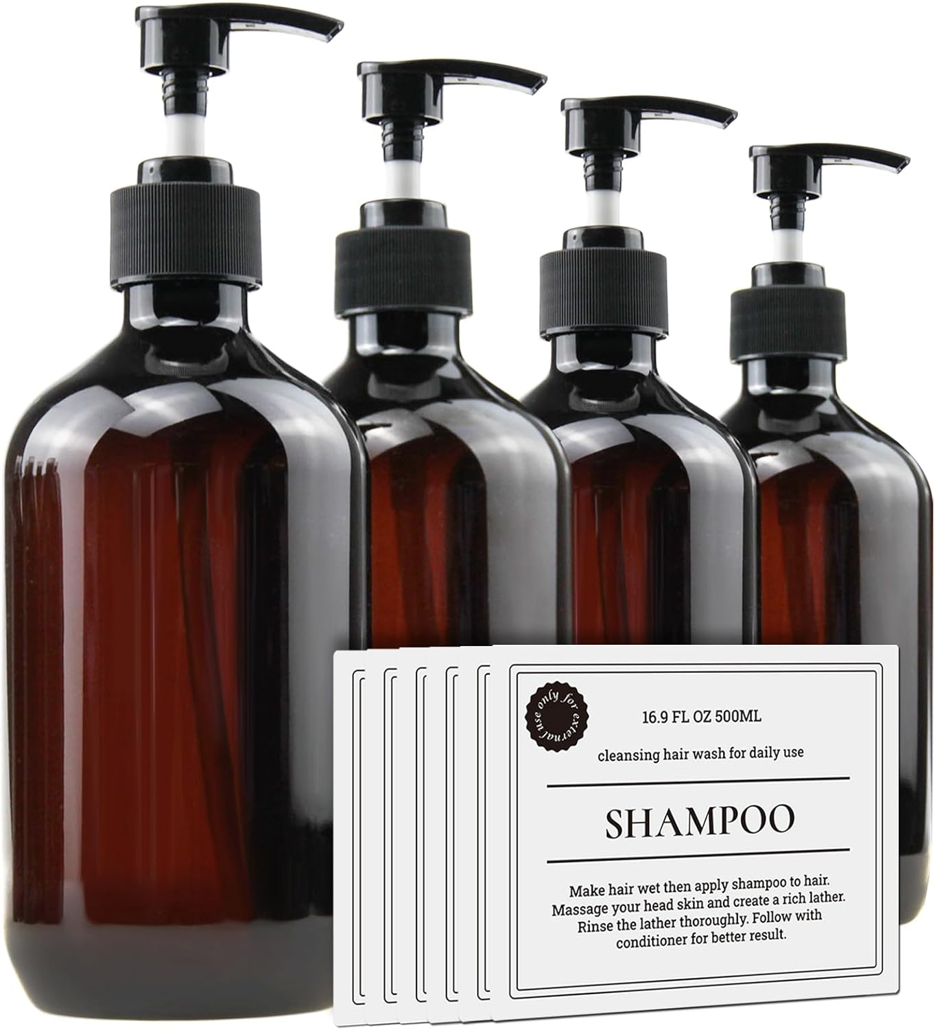 Empty Plastic Bottles with Pump Dispenser and Labels Included, Refillable Travel Containers for Hand sanitizer Shampoo Lotion, etc - BPA/Paraben Free, 500ml/16.9oz (Amber, 4 Pack)