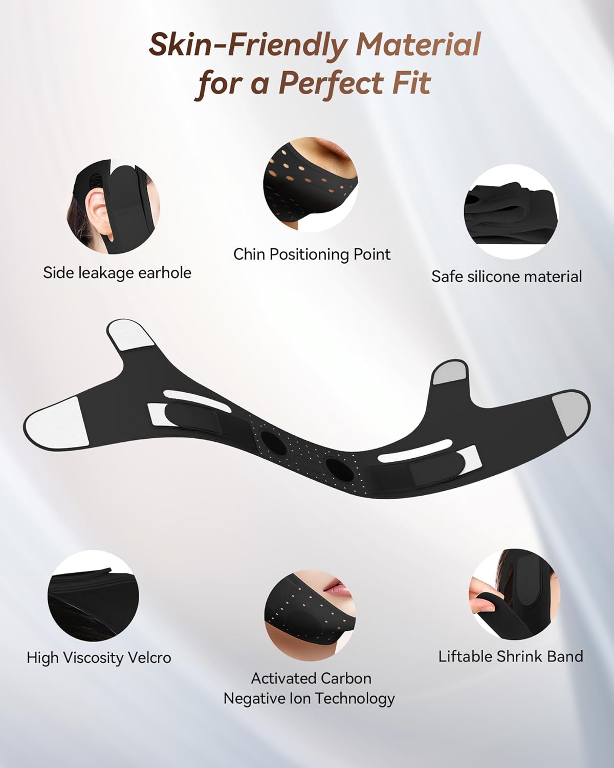 V-Line Sculpting Face Mask – Silicone Chin Strap for Jawline Tightening & Double Chin Reduction (23-27 Inches) (Matte Black)