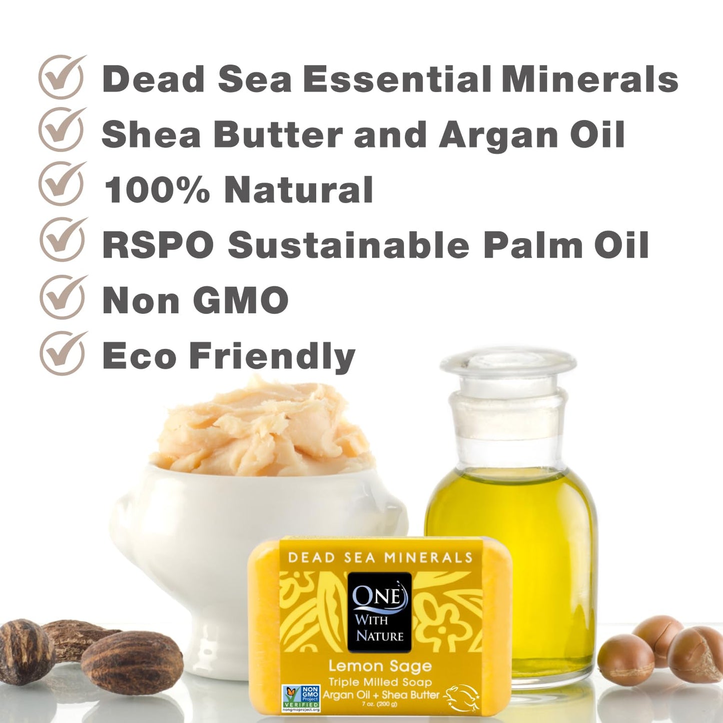 One With Nature Dead Sea Salt Lemon Sage Soap 7oz 3-Pack – Purifying and Exfoliating Soap Bar with Dead Sea Minerals for Face & Body, for Men & Women