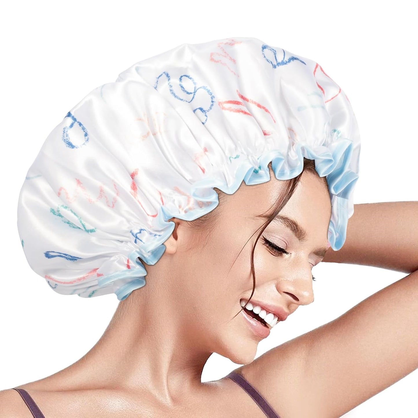 Aquior Shower Caps, Reusable Shower Cap for Women, Double Layer Waterproof Hair Cap, Large Size for All Hair Lengths Non-fading Bathing Shower for Ladies