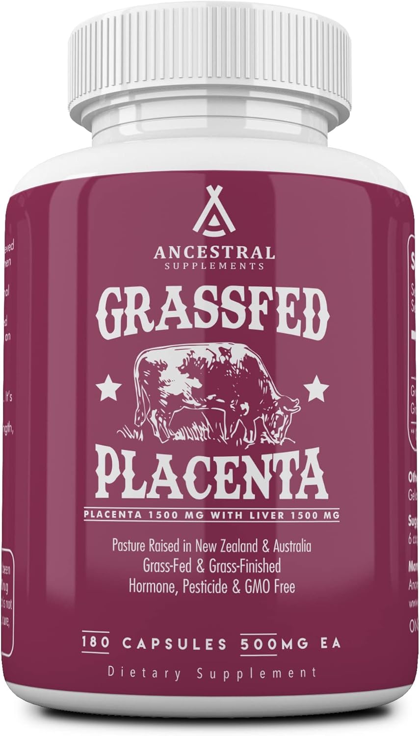 Ancestral Supplements Grass Fed Placenta Supplement with Liver, Contains Postpartum Vitamins for Women Breastfeeding, Promotes Menopause Relief, Stem Cells Support Skin Elasticity, 180 Capsules
