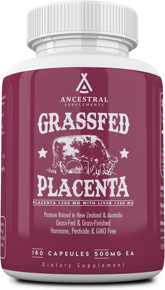Ancestral Supplements Grass Fed Placenta Supplement with Liver, Contains Postpartum Vitamins for Women Breastfeeding, Promotes Menopause Relief, Stem Cells Support Skin Elasticity, 180 Capsules