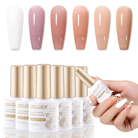 GELLEN Nude Jelly Gel Nail Polish Set for French Manicure, 10ml 6 Colors White Nude Jolly Gel Polish Semi Sheer No Wipe Soak Off light UV Gel for Nail Manicure DIY Art Salon Home