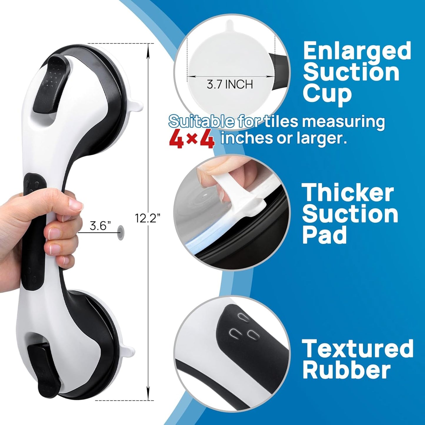 LEVERLOC Shower Grab Bar, 12 Inch Suction Grab Bars for Bathtubs, Shower Handle Handrail for Seniors Bathroom Safety Grip for Elderly, Heavy Duty No Drilling Removable,Black