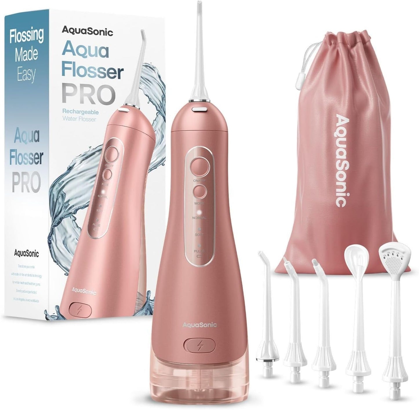 AquaSonic Aqua Flosser PRO - Rechargeable Cordless Water Flosser for Teeth, Gums & Tongue - Modern Design, 300ml Large Tank, 6 Jet Tips with Deluxe Tongue Nozzle, 3 Modes, Waterproof Rose Gold
