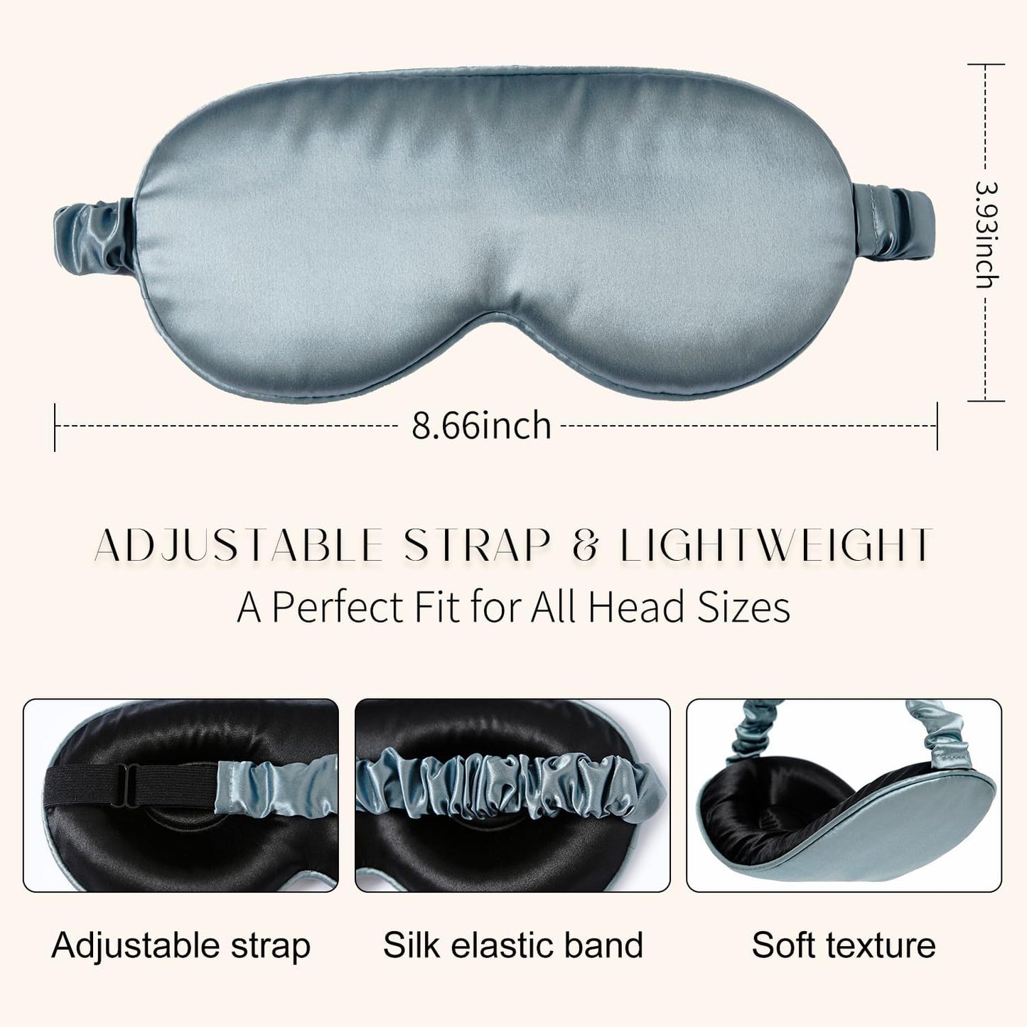 100% 22 Momme Mulberry Silk Sleep Mask, Eye Cover for Sleeping, Blackout 3D Sleep Masks for Lash Extensions with Adjustable Strap for Men and Women (Haze Blue)