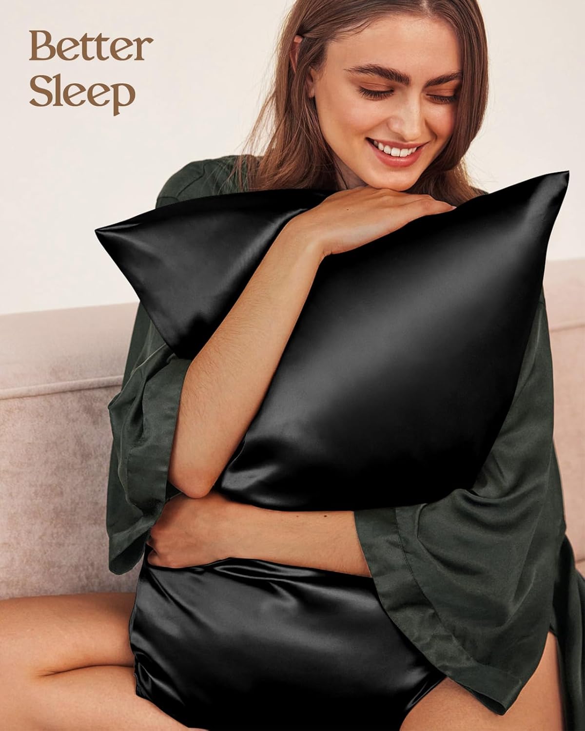 Silk Pillowcase 2 Pack - Pillow Cases Standard Set of 2 Size 20" x 26" for Hair and Skin Smooth Soft Breathable with Hidden Zipper Cooling Pillow Covers for Sleeping Women, Black