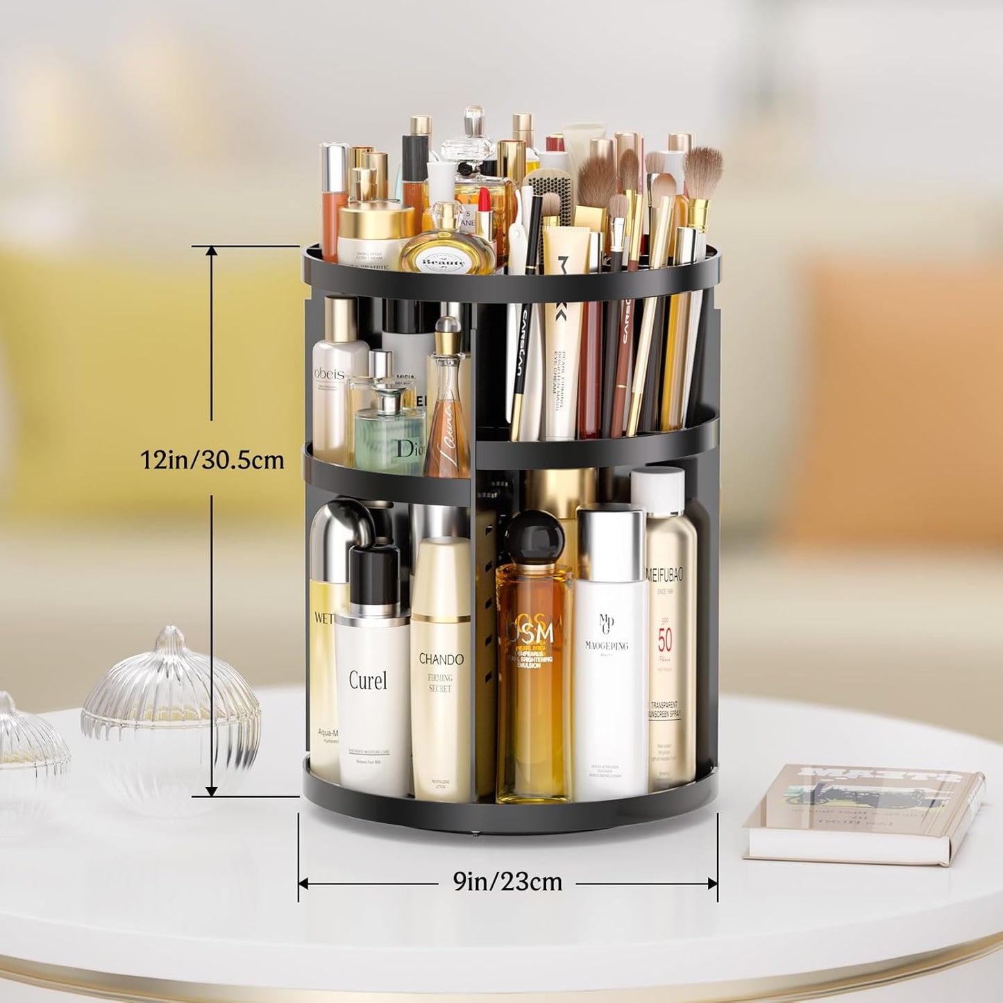 Makeup Organizer 360 rotating, Adjustable Skincare Organizers with Brush Holder, Cosmetics Display Cases for Vanity Bathroom Countertop Large Capacity Carousel Make up Caddy Shelf (Black)