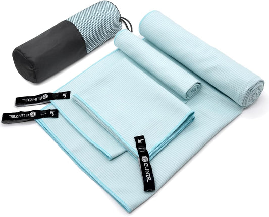 Eunzel Quick Dry Camping Towel, Microfibre Ribbed Towel Travel Towel 3 Sizes 1 Pack Fast Drying Towel Set for Camping, Beach, Gym, Sports, Yoga & Swimming Pool, Green