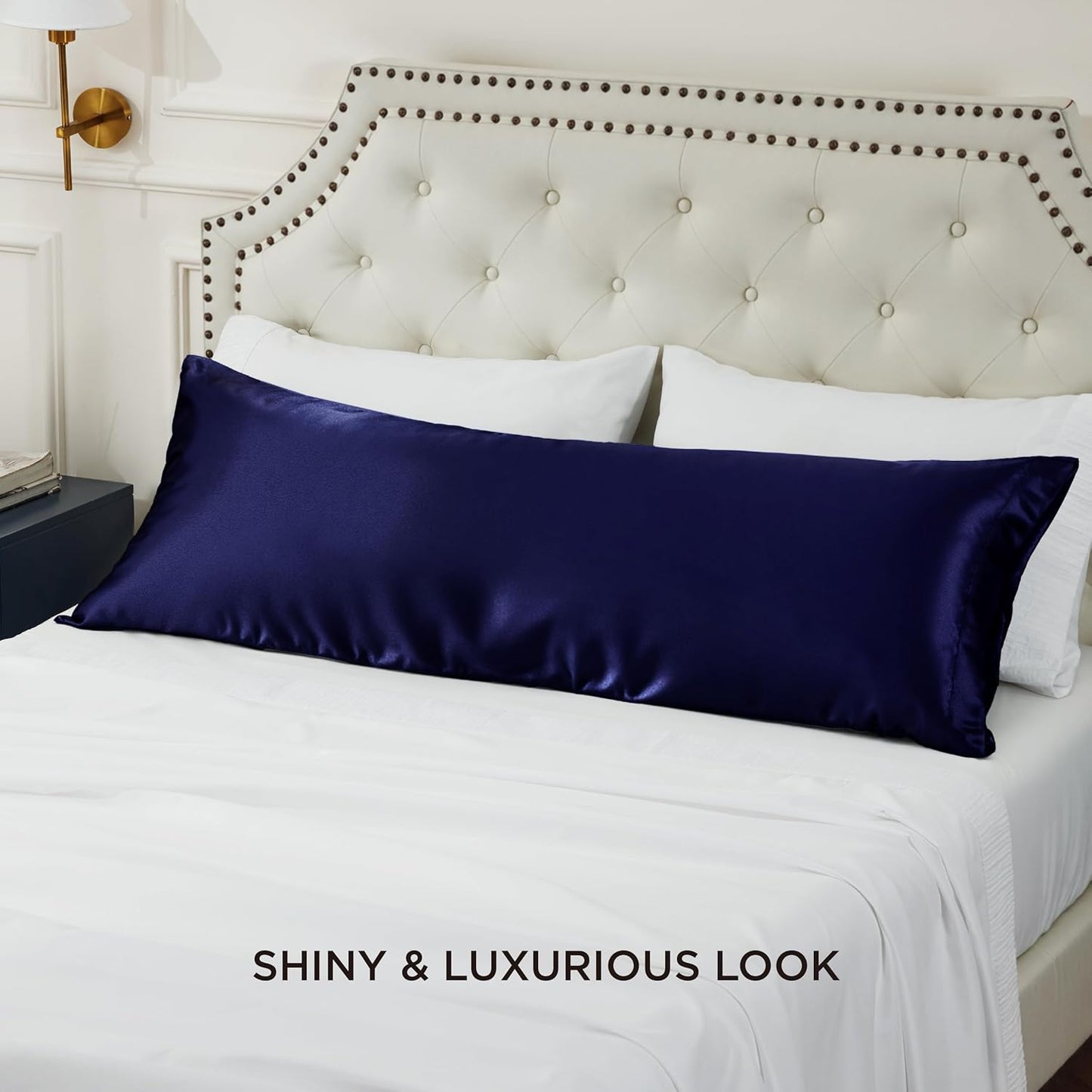 Bedsure Body Pillow Cover 20x54 Inches - Navy Satin Similar to Silk Pillowcase for Hair and Skin, Cooling and Silky Long Body Pillow Pillowcase for Adults with Envelope Closure, Gifts for Women Men