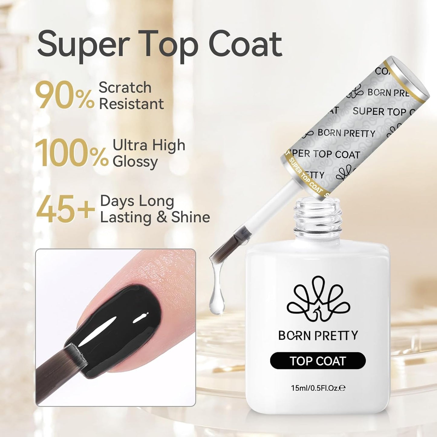 Born Pretty Gel Nail Polish No Wipe Top Coat-15ml Clear Nail Polish Shiny Long Lasting Top Gel for Clear Nail Gel and Acrylic Nails, for Home DIY and Nail Salon