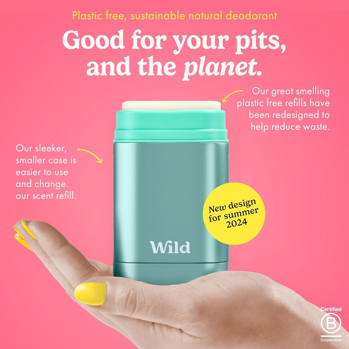 Wild - Refillable Deodorant Starter Kit with Aqua Case and Lemon Basil & Blood Orange Scented Refill 1.4oz - Aluminum Free - Long Lasting Protection - Vegan