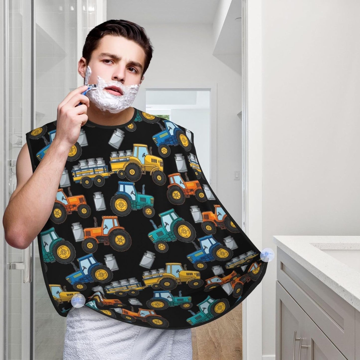 Beard Apron Hair Catcher, Cartoon Milk Farm Tractors Black Shave Bib, Waterproof Non-Stick Shaving Bib, Trimming Grooming Tool for Dad Men Anniversary