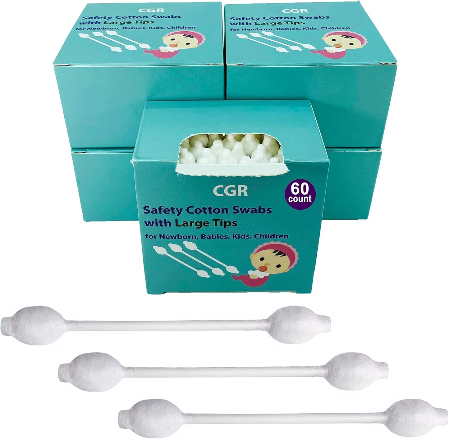 300pcs CGR Baby Safety Cotton Swabs with Large Tips for Newborn, Babies, Kids, Children, 100% Organic Cotton, White Paper Sticks, 5 Pack of 60 Swabs Total(5 Paper Boxes)