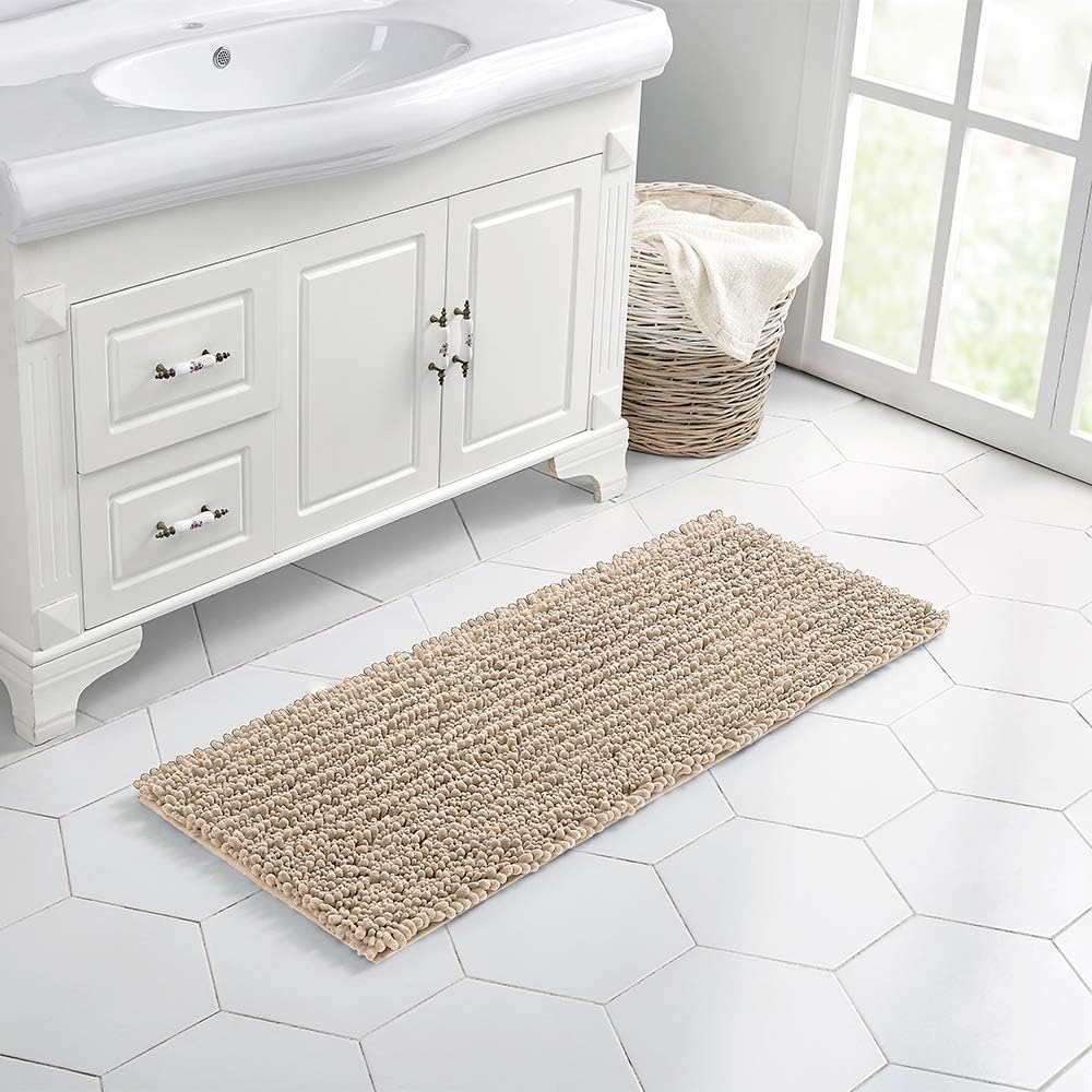 Walensee Large Bathroom Rug Non Slip Bath Mat (24x60 Inch Beige) Water Absorbent Super Soft Shaggy Chenille Machine Washable Dry Extra Thick Perfect Absorbant Best Plush Carpet for Shower Floor